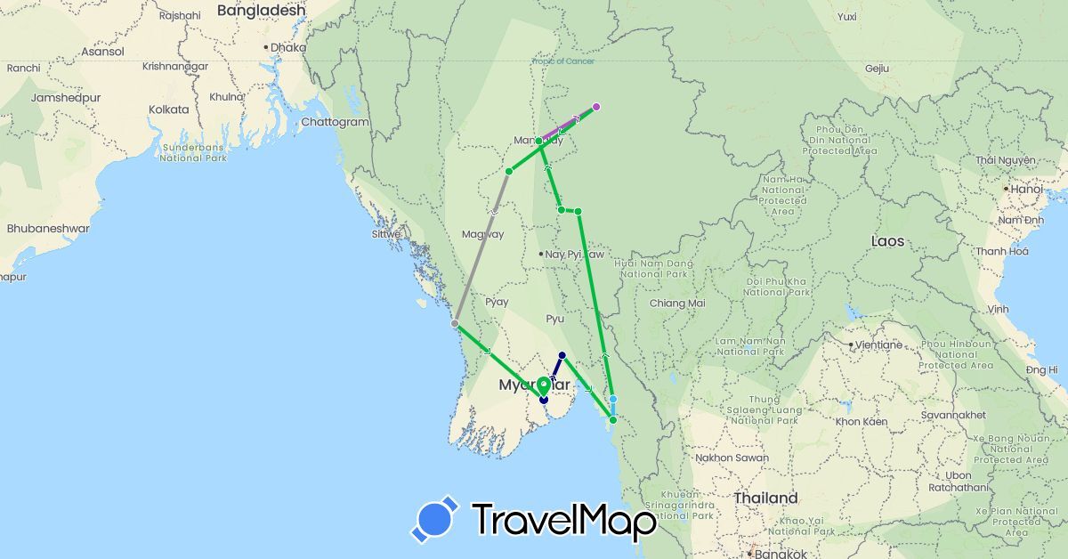 TravelMap itinerary: driving, bus, plane, train, boat in Myanmar (Burma) (Asia)